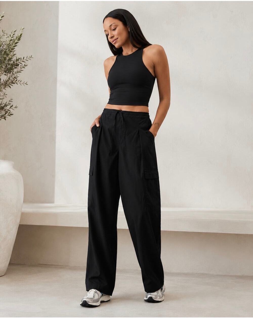 Athleta Pants Womens XS Black Paradise Straight Leg Cargo Utility Linen Relaxed